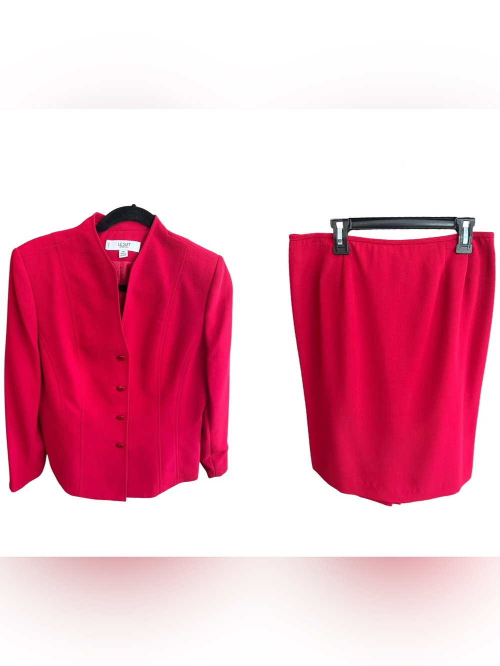 Le Suit Crimson Red Skirt Suit Set Size 10P Tailored Blazer Pencil Skirt Classic - Picture 2 of 12